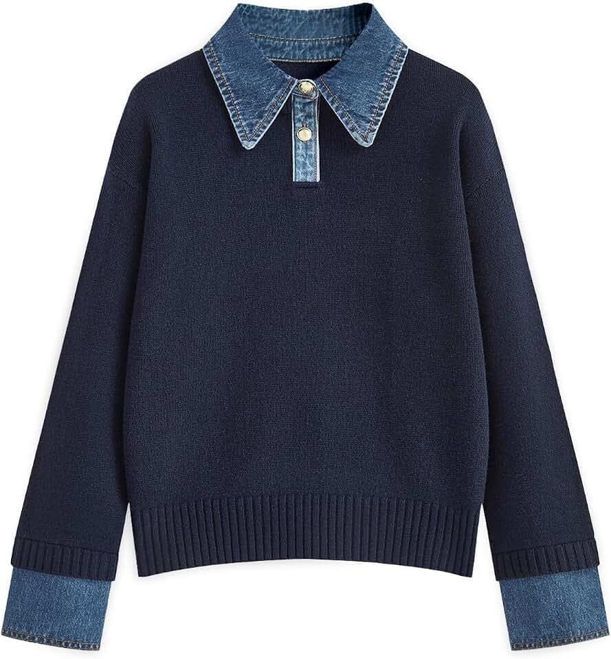 GUNEST Womens Oversized Sweater Denim Polo Knit Collared Fall Sweater