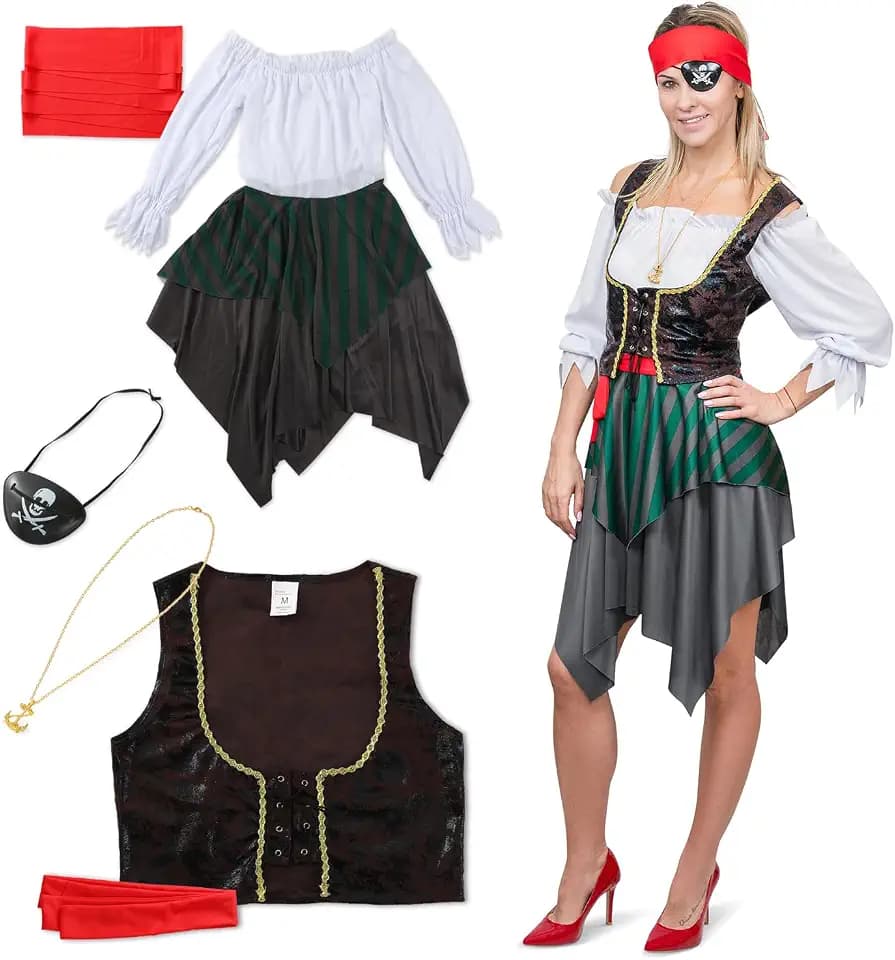 Festicy Piratenkostüm Damen Komplettes Set I Outfit mit Kleid, Weste, Augenklappe, Gürtel & Mehr I Ideales Faschings- & Karnevalskostüm I Verwandle Dich in eine Piratin!