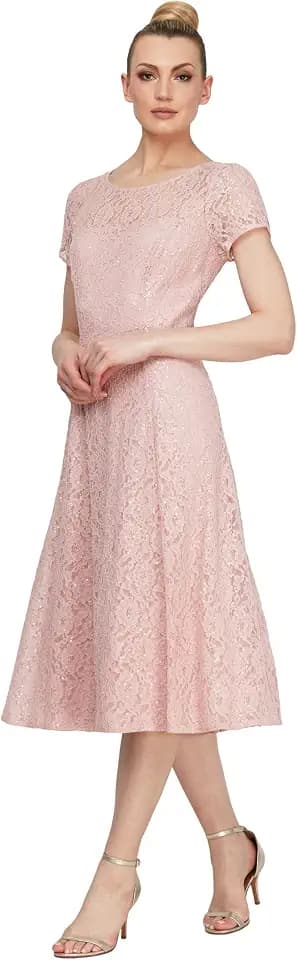 S.L. Fashions Women's Sequined Lace Midi Dress (Petite and Regular Sizes)