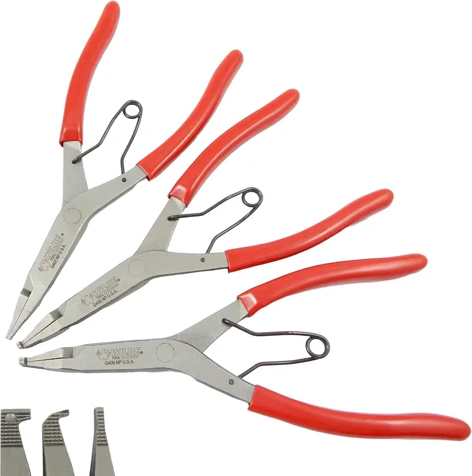 Wilde Lock Ring Plier Set 3pc Straight Right Angle and Thin Bent Curved 9" Length Made In USA G409.NP, G408.NP, and G407.NP Pliers