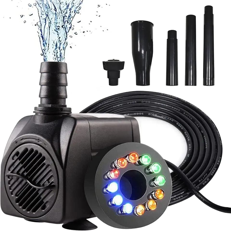 Teichpumpe für Außen mit Filter, Springbrunnen für Außen mit LED 750L/H 15W
