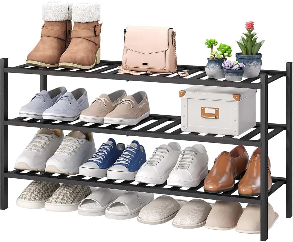 viewcare 3-Tier Long Black Shoe Rack, Bamboo Wood Shoe Rack for Closet, Entryway & Hallway, Stackable | Functional | Sturdy