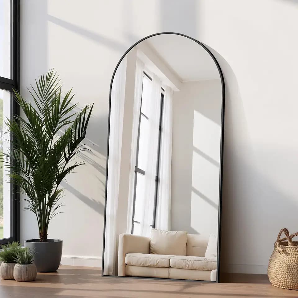 COFENY Bogen Ganzkörperspiegel, 180 × 86 cm Spiegel Groß mit Schwarzer Rahmen, Groß Spiegel Wand zum Stehen, Anlehnen oder Hängen, Stand Spiegel für Schlafzimmer, Wohnzimmer