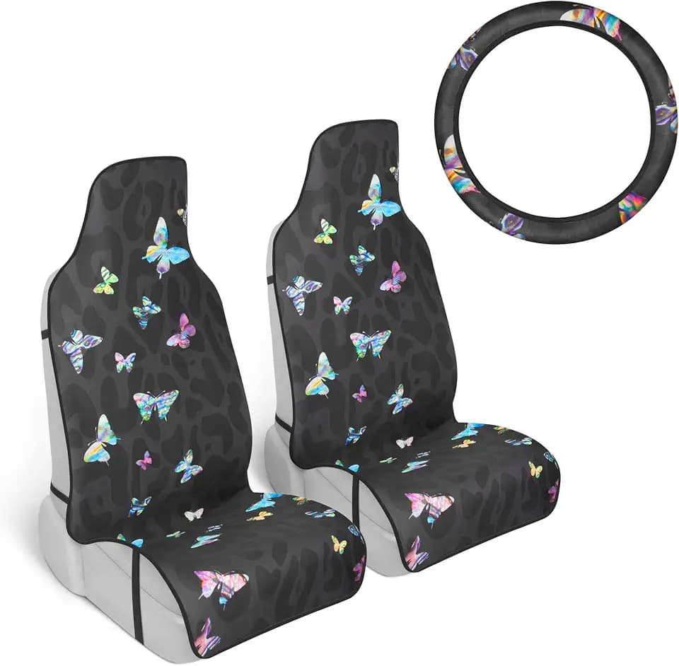 Carbella Black Leopard & Butterfly Car Seat Covers, 2 Pack Animal Print Front Seat Covers for Cars with Matching Steering Wheel Cover, Cute Automotive Interior Covers for Trucks Van SUV