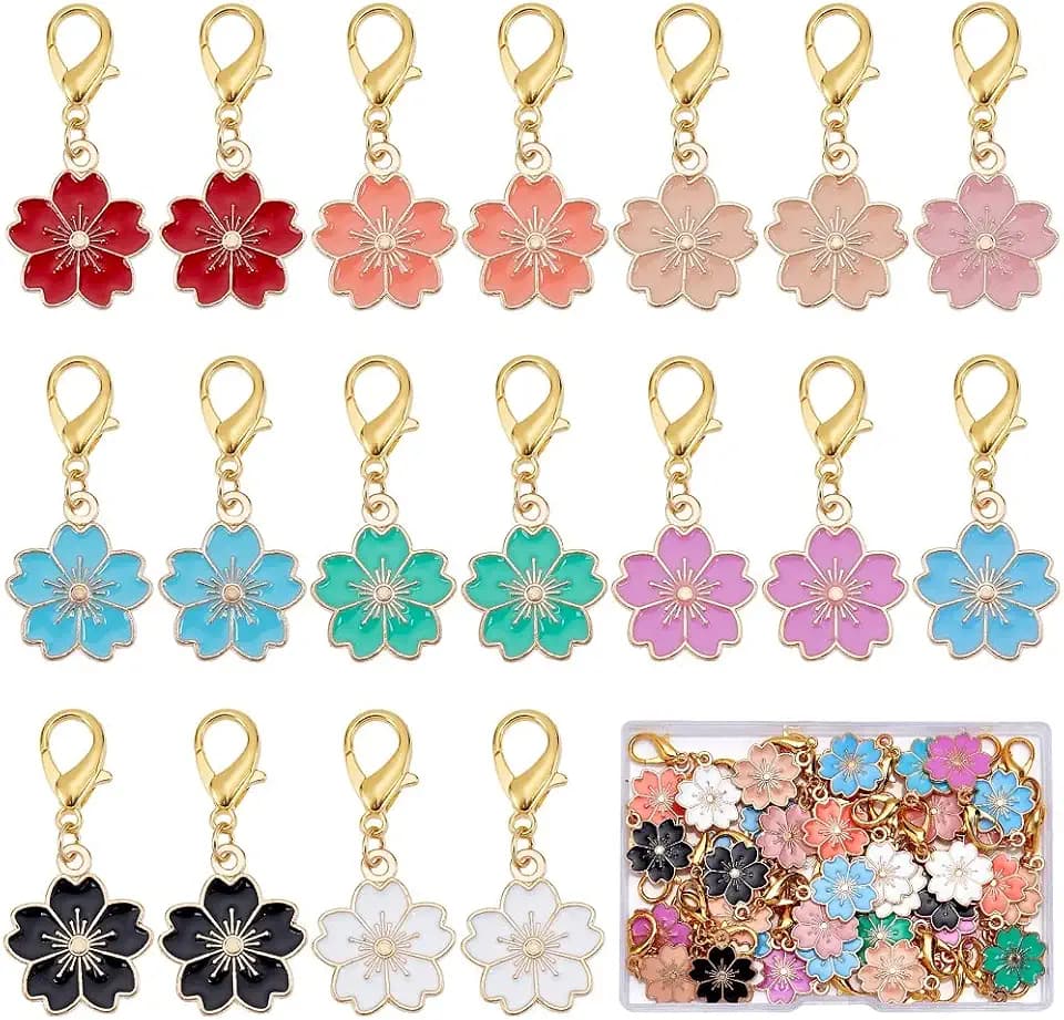 SUNNYCLUE 1 Box 50Pcs Stitch Markers Crochet Stitch Marker Enamel Sakura Flower Charms Knitting & Crochet Notions Clip On Removable Lobster Clasp Charm Locking Markers for Weaving Sewing 0.23/pc