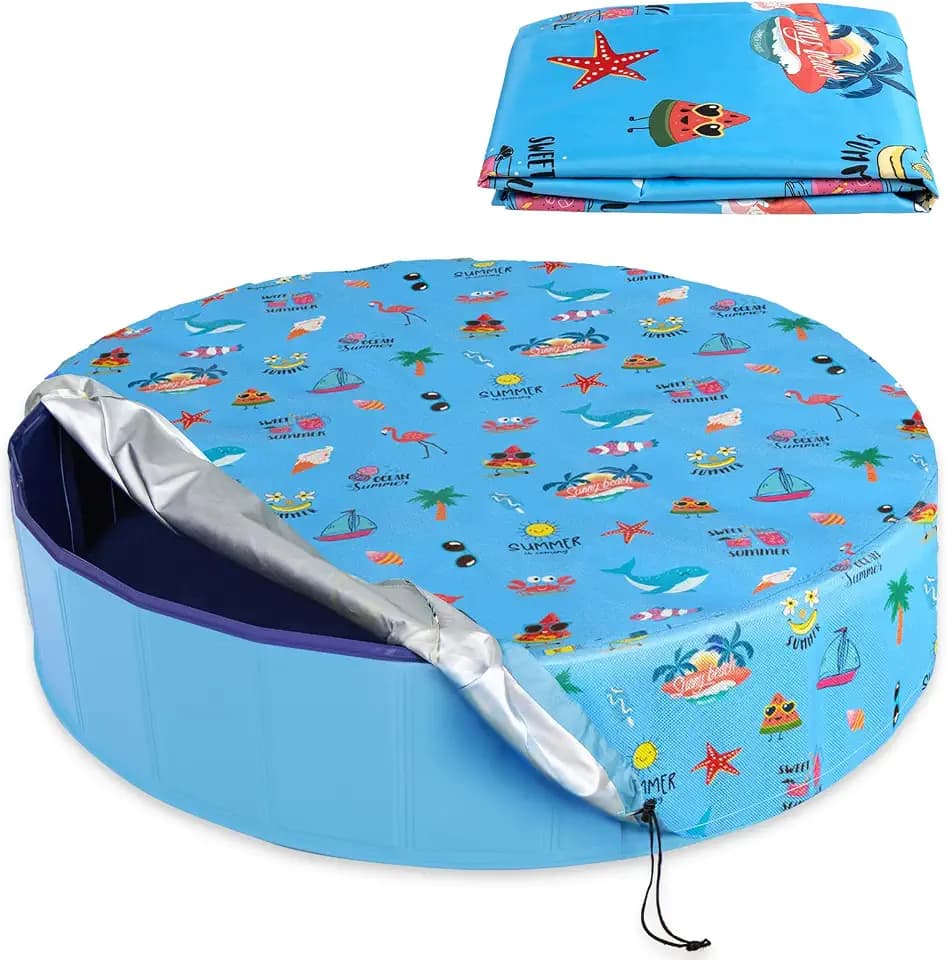 Round Dog Pool Cover 71", Foldable Kiddie Solar Cover Fit Dog Collapsible Swimming Pool, Pets Kids Bath Tub, Anti-UV Dustproof Safety Pool Covers, Summer Beach Patterns