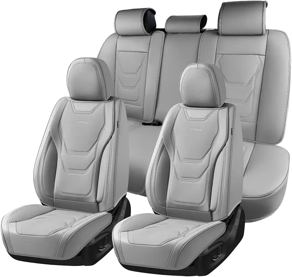 Coverado Car Seat Covers Full Sets, 5 Piece Car Seat Protector Waterproof Leather Seat Cushion Universal Fit for Truck Automotive Vehicles Gray