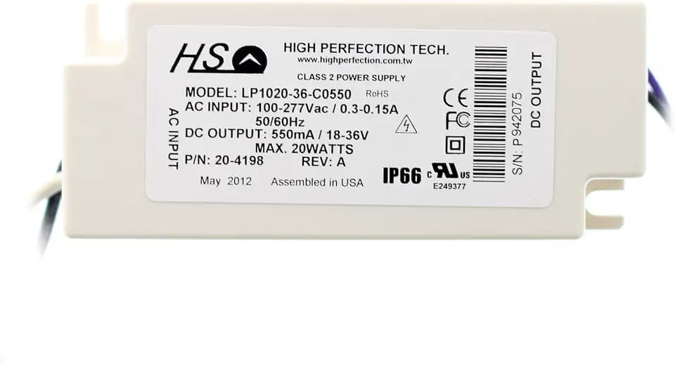High Perfection LP1020-36-C0550 LED Driver, 120-277V to 550mA @ 18-36Vdc, 20W