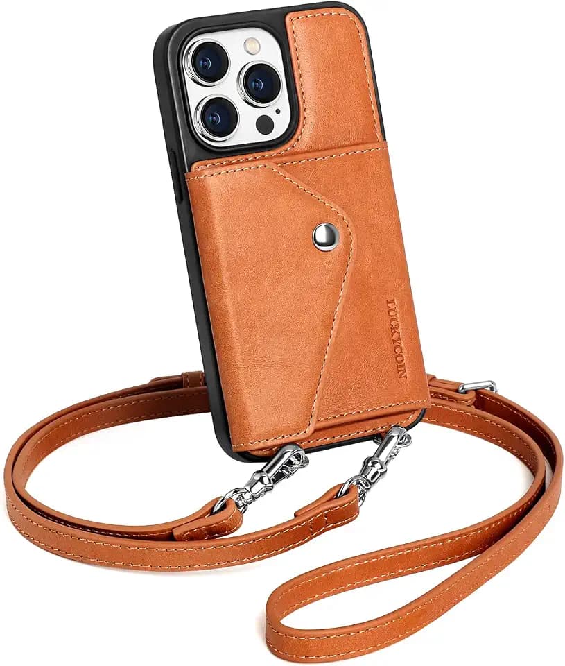 LUCKYCOIN Genuine Leather Crossbody Wallet Phone Case for iPhone 14 Pro