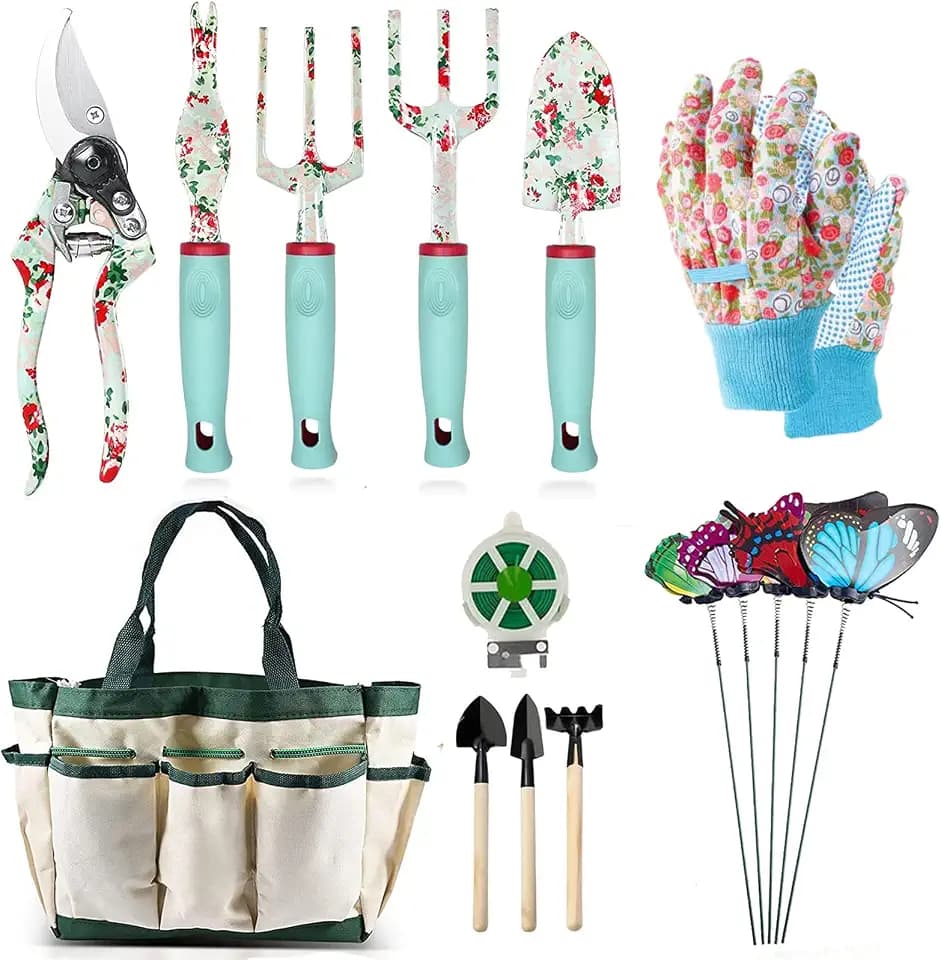 Gartenwerkzeug Set, 16 Stück Blumen Gartengeräte Set Garten-Handwerkzeug-Geschenkset，Gartengeschenke für Frauen und Männer, mit Gartenschere und Aufbewahrungstasche，Garten Zubehör Geschenk