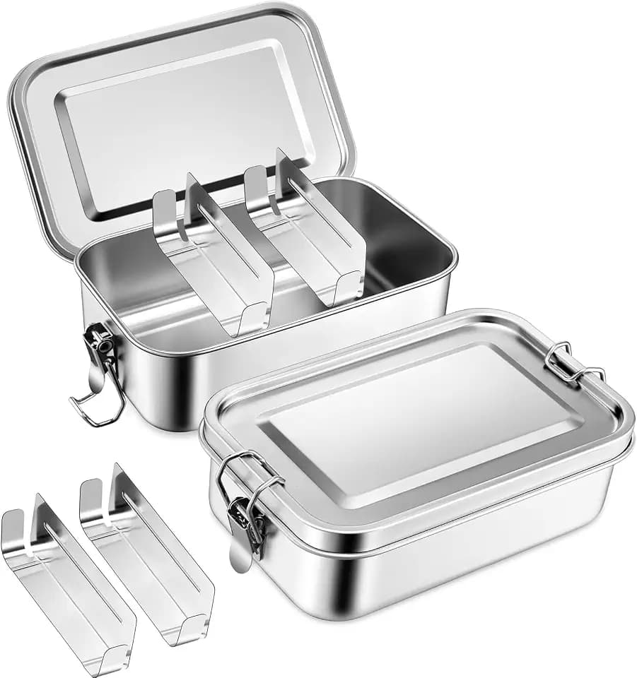 Homikit Brotdose mit Fächern, 2 Stück Edelstahl Bento Lunch Box, 1400ml | Lunchbox für Kinder & Erwachsene, Brotzeitdose mit Abnehmbar Trennwand, Schule Arbeit Picknick, Auslaufsicher, Dichtungsring