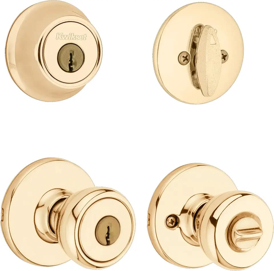 Kwikset Tylo Front Door Lock Handle and Deadbolt Set, Entry Handleset Exterior with Interior Door Knob, Polished Brass, Pick Resistant SmartKey Rekey Deadbolt Security