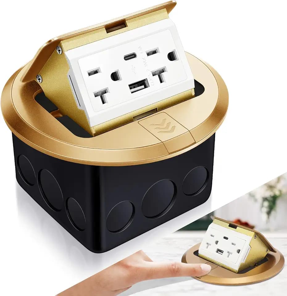 Hoolerry 1 Pack Round Pop up Floor Electrical Outlet Cover Kit with 4.8a USB Charger 20amp Waterproof Tamper Resistant Tr Receptacle Outlet Box for Countertop Home (Gold)