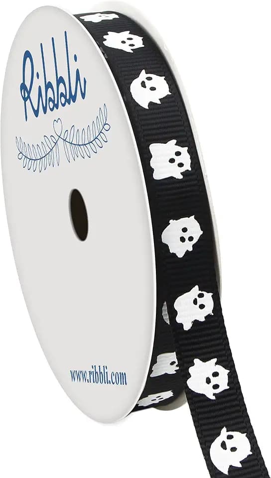 Ribbli Grosgrain Halloween Ribbon - Ghost Decor, 3/8 Inches x 10 Yards, Black/White