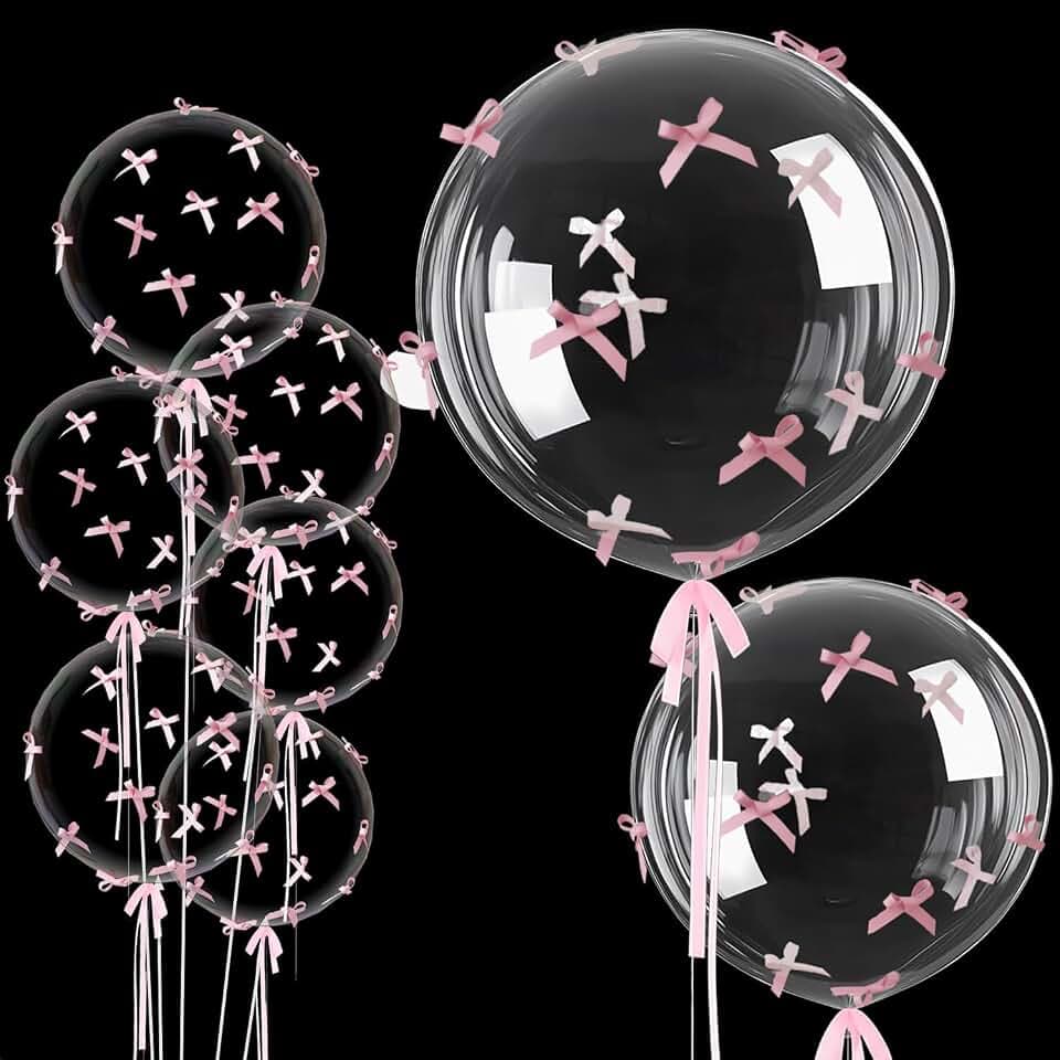 24" 20" Bobo Bubble Balloons With Pink Bows – 220pcs Pink Bow Clear Bobo Balloons, Large Transparent Foil Ballons Globos Burbujas For Boba Decorations，Coquette Birthday, Baby Shower, Party Decorations