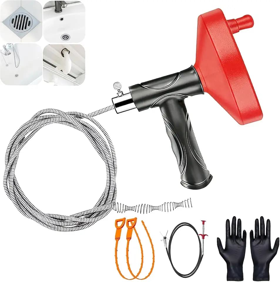 Drain Snake Auger, Plumbing Snake Drain Hair Clog Removal Tool, Heavy Duty Snake Auger, Sink Unclogger Drain Cleaner Tool for Bathroom Kitchen Tub Shower Drain Clog Remover with Gloves, Red（33 Feet ）