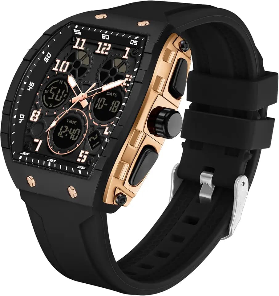 Mens Watches Unique Watches for Men Digital Waterproof Watch Sports Alarm Stopwatch Tonneau Design Punk Analog Wrist Watch Calendar Dual Time Display Silicone Band