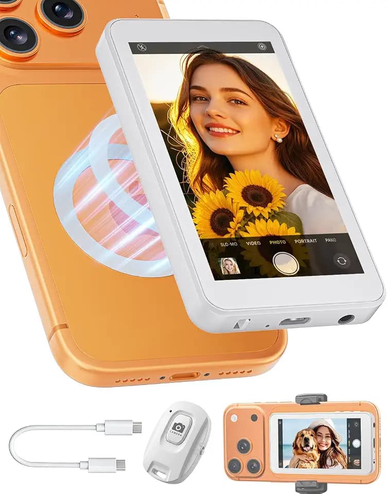 Selfie Monitor Screen for iPhone & Android, Magnetic Back Camera Monitor, Wireless & USB-C, Built-in Speaker, Remote Control, 4K@60FPS Support (Not for Google Pixel)