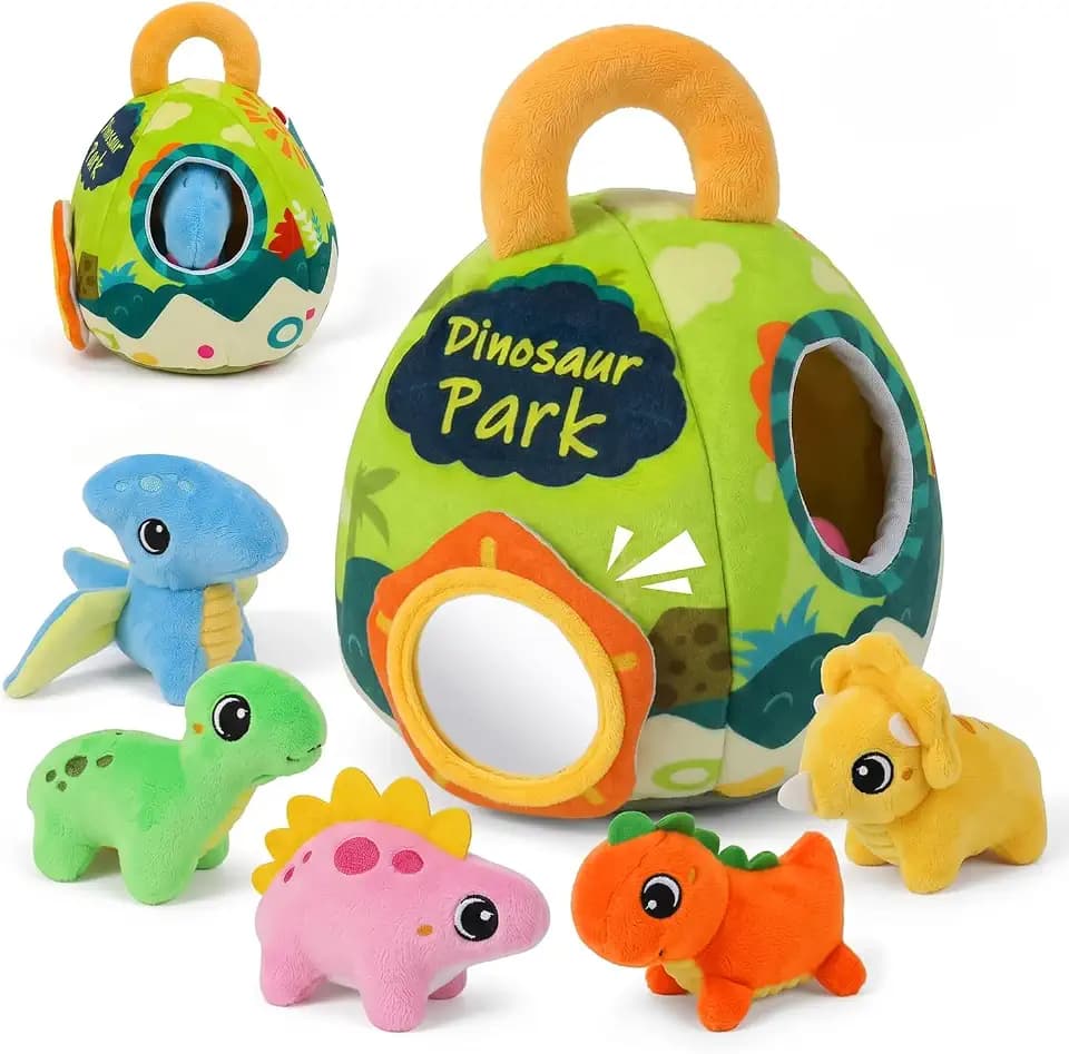 Plush Dinosaur Baby Toy with Rattle and Mirror, Ages 6 Months+