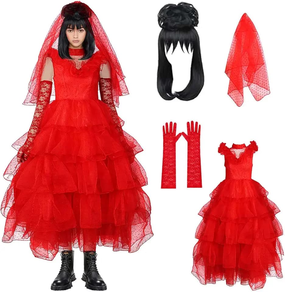 Lydia Deetz Costume Women Adult Red Bride Wedding Dress Halloween Costume Cosplay Gothic Outfits