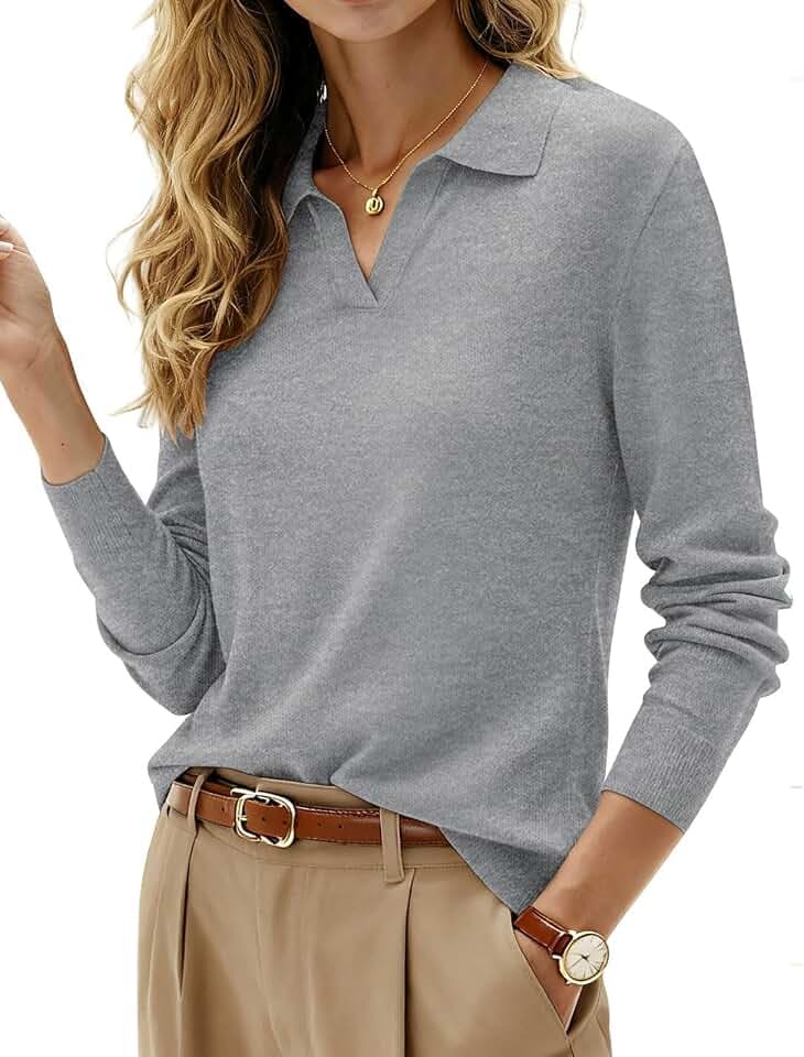 Kate Kasin Women Wool Blend V Neck Sweater, Long Sleeve Polo Shirt Collared