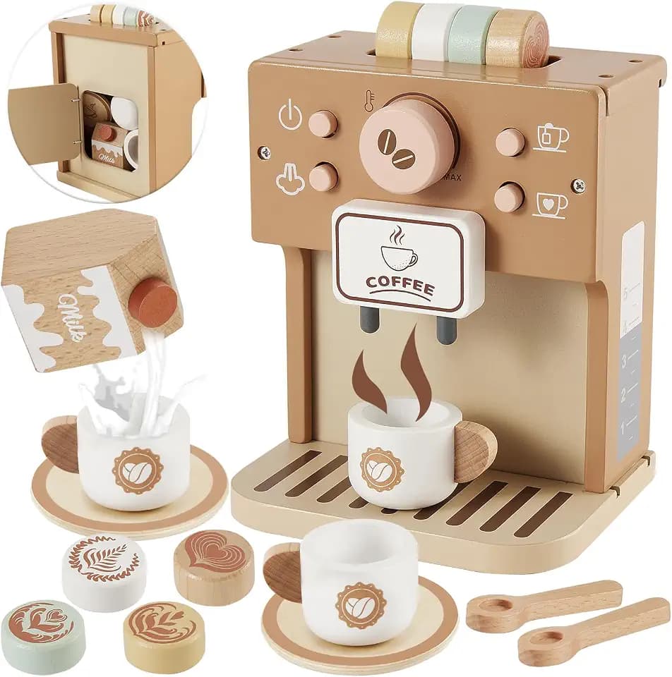 BUYGER Kinder Kaffee Maschine Holz Spielküch Zubehör Teeservice Kinder