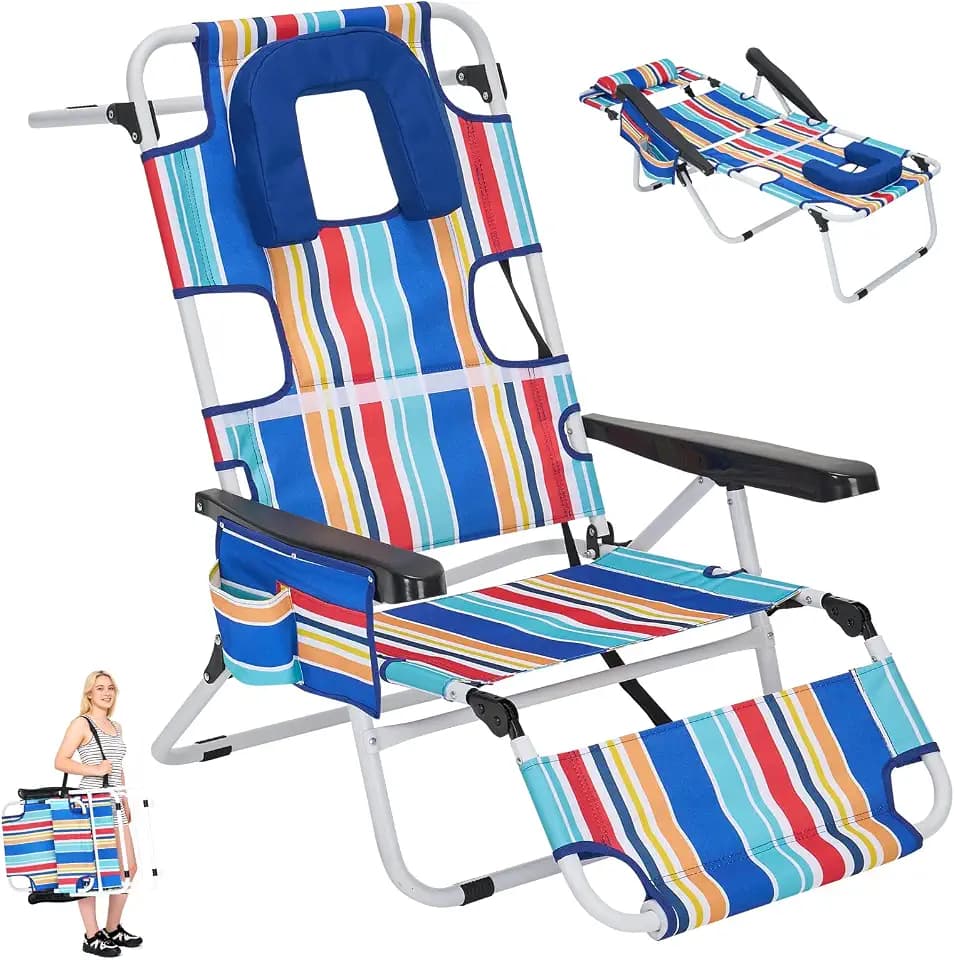 5 Position Folding Beach Chair with Face Hole, Portable Backpack Foldable Lounge Chair w/Headrest&Armrest,Heavy Duty Lay Flat Tanning Chair for Face Down Reading for Adult,440lb Capacity,Blue Stripes
