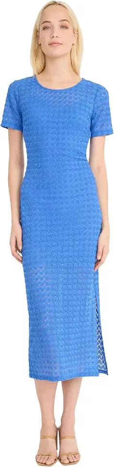 Donna Morgan Women's Women's Short Sleeve Round Neck Fitted Midi Length Side Slit Special Occasion Cocktail Dress