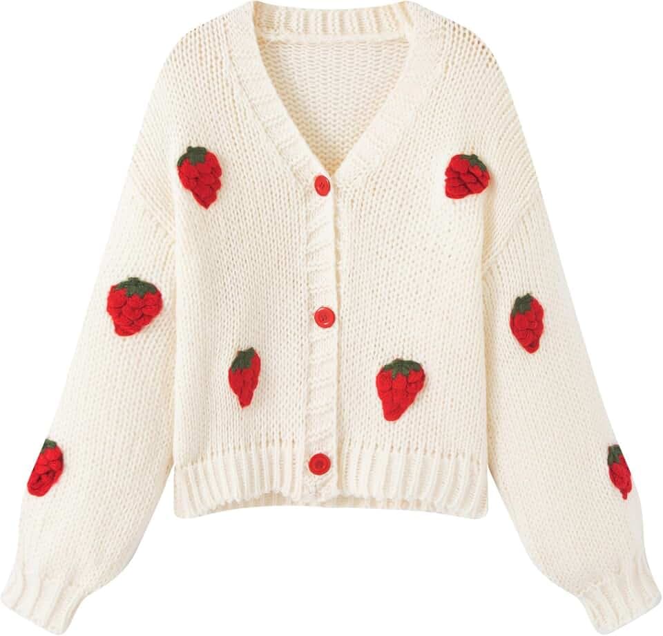 FindThy Women’s Kawaii Strawberry Embroidered Cardigan Long Sleeve V Neck Chunky Knitted Cardigans Tops