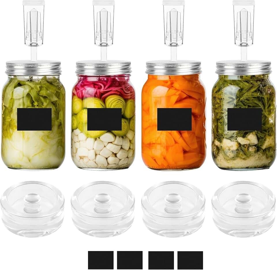 MEEZY 4 Set Fermentation Kit, Fermentation Glass Weights and Airlocks Compatible with 86MM Wide Mouth Mason Jars for Making and Storing Sauerkraut Vegetables