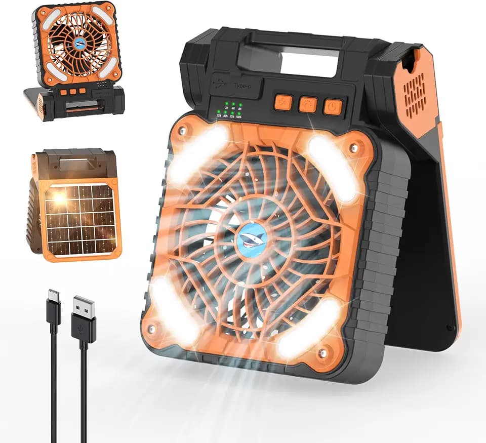 Smiling Shark Camping Ventilator LED, 6000mAh USB Aufladbar Tragbar Zelt Ventilator light 4 Speeds & 3 Timer 90° Faltbare Kabellos Solar LED Camping Fan with Power Bank für Reisen Fishing Wandern