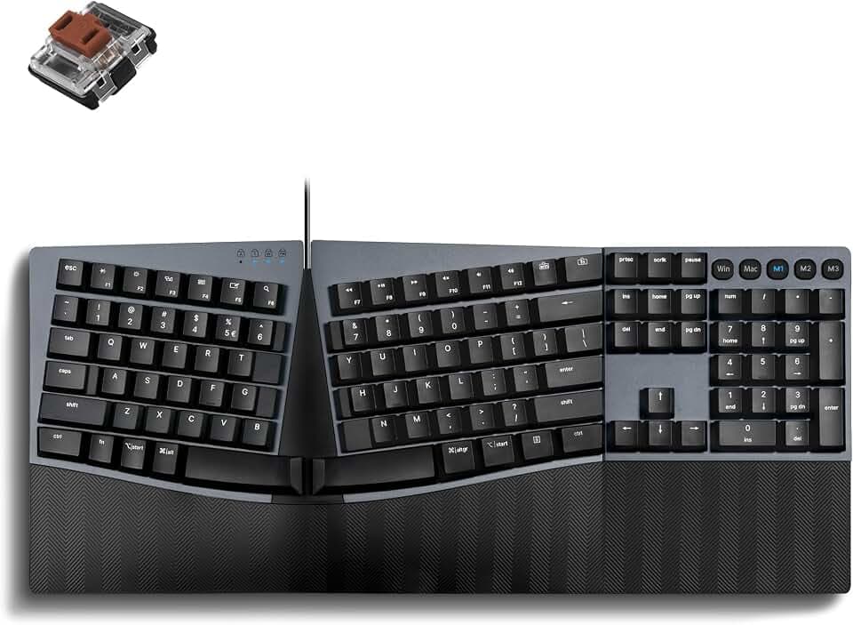 Perixx PERIBOARD-535BR [Firmware Updated] Wired Ergonomic Mechanical Keyboard - Full-Size - Low-Profile Brown Tactile Switches - NKRO Anti-Ghosting - Compatible with Windows and macOS