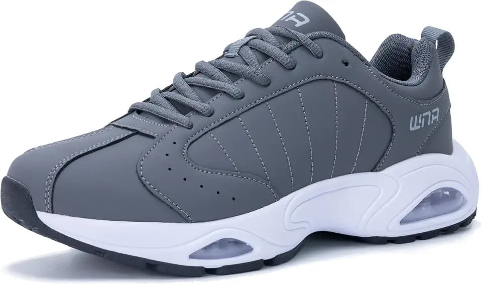 Quseek Mens Running Shoes Athletic Fashion Leather Sneakers Comfortable Non Slip Walking Jogging Workout Gym Sports Shoe Grey Size 10.5