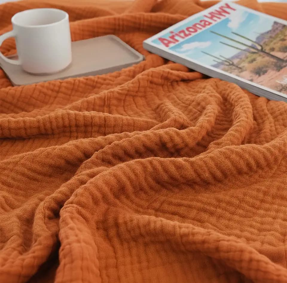 KyraHome 100% Organic Cotton Throw Blanket, 60"x80", Terracotta/Rust Orange
