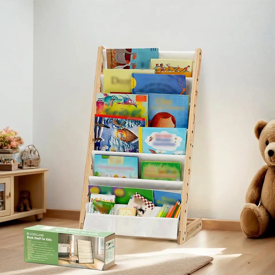 COSYLAND Kinderbücherregal Montessori – Bücherregal Kinder mit 6 Stofffächern, frontal offenes Bücher-Display aus Kiefernholz, Kinderregal für Kinderzimmer & Leseecke, Naturholz, 42 x 30 x 76 cm