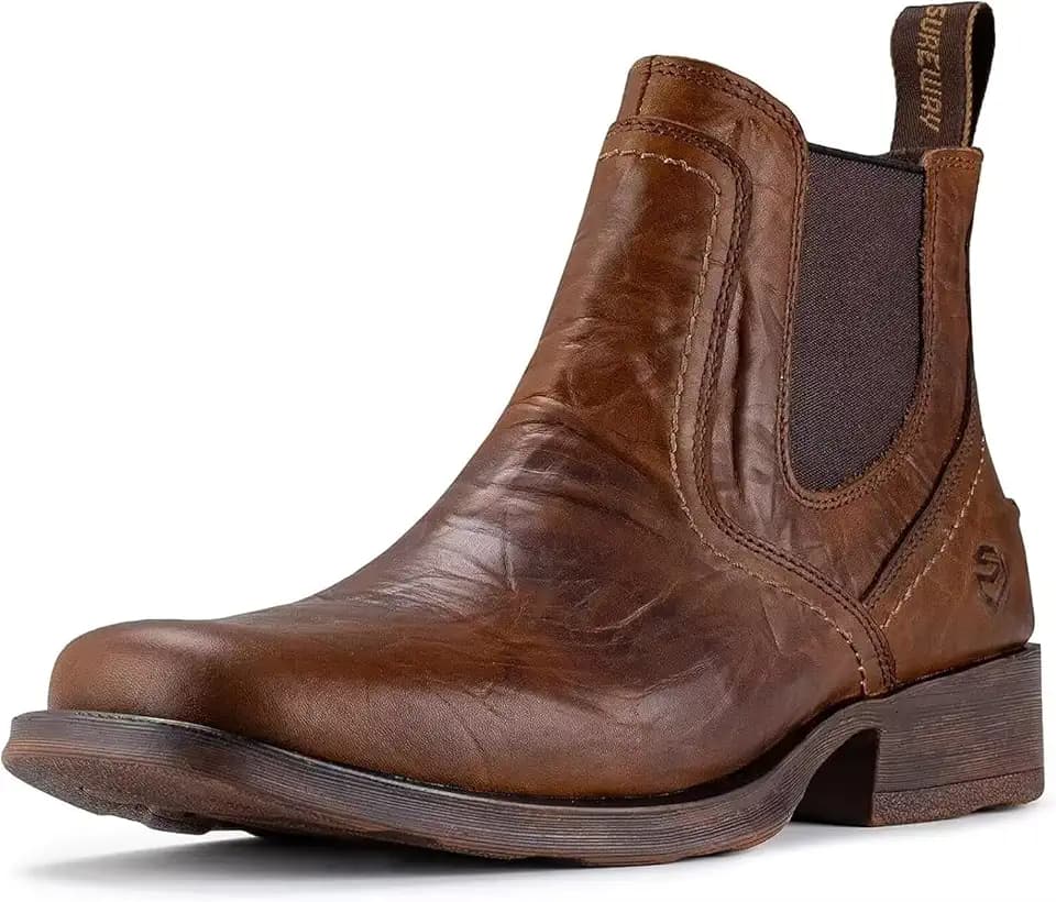 SUREWAY Mens Western Chelsea Cowboy Boots for Men - Square Toe, All Weather Rugged Ankle Slip on Boots, Built for Comfort & Durability, Casual Retro Stylish Boots, Dress Shoes
