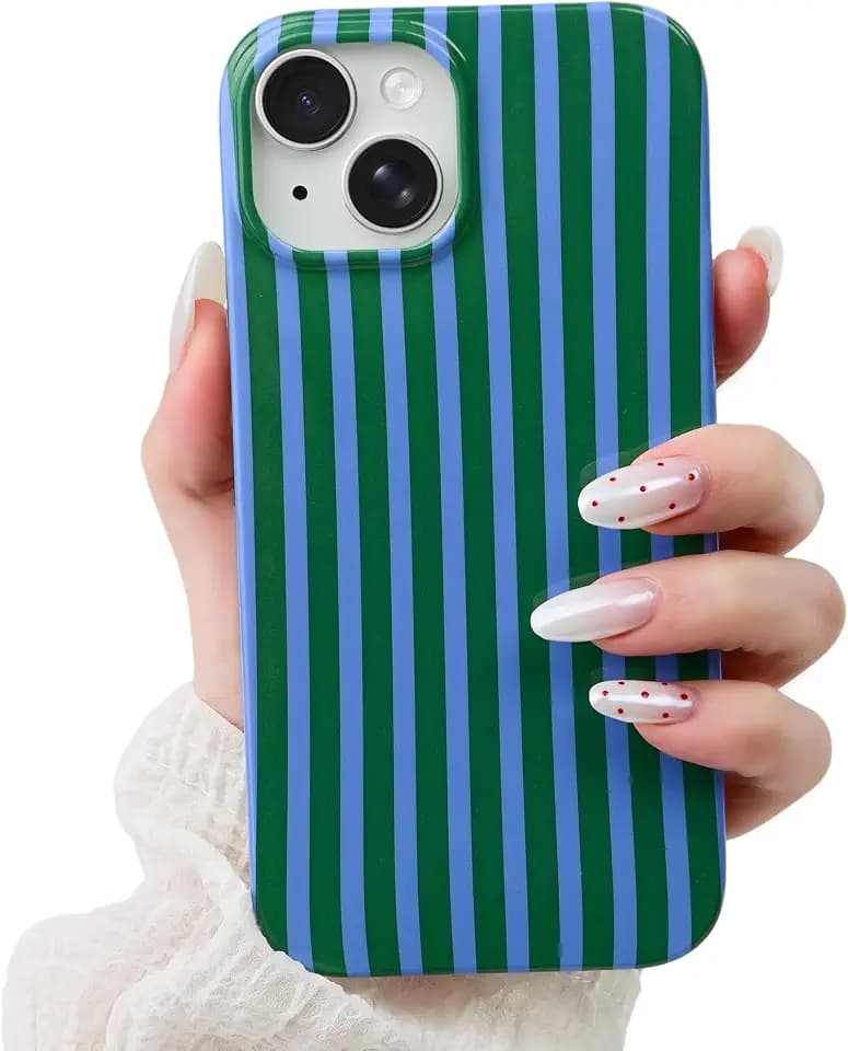 Cute Striped Case for iPhone 15 6.1",Blue/Green
