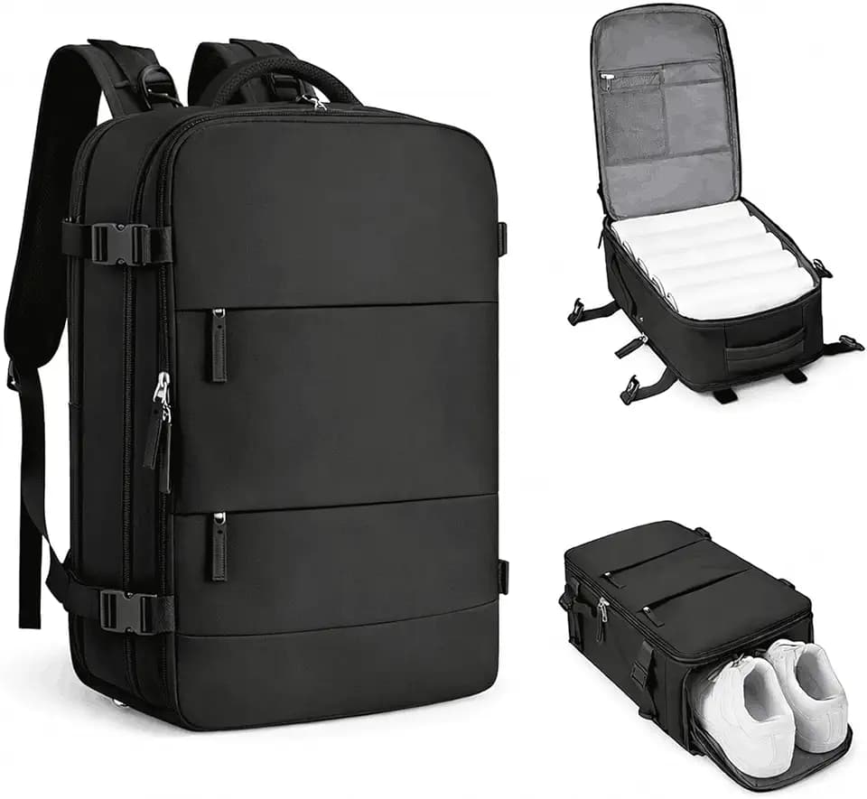 Rucksack Handgepäck - Reiserucksack 40x30x20 cm für Ryanair - Tasche für Flugzeug Laptop - Schwarz