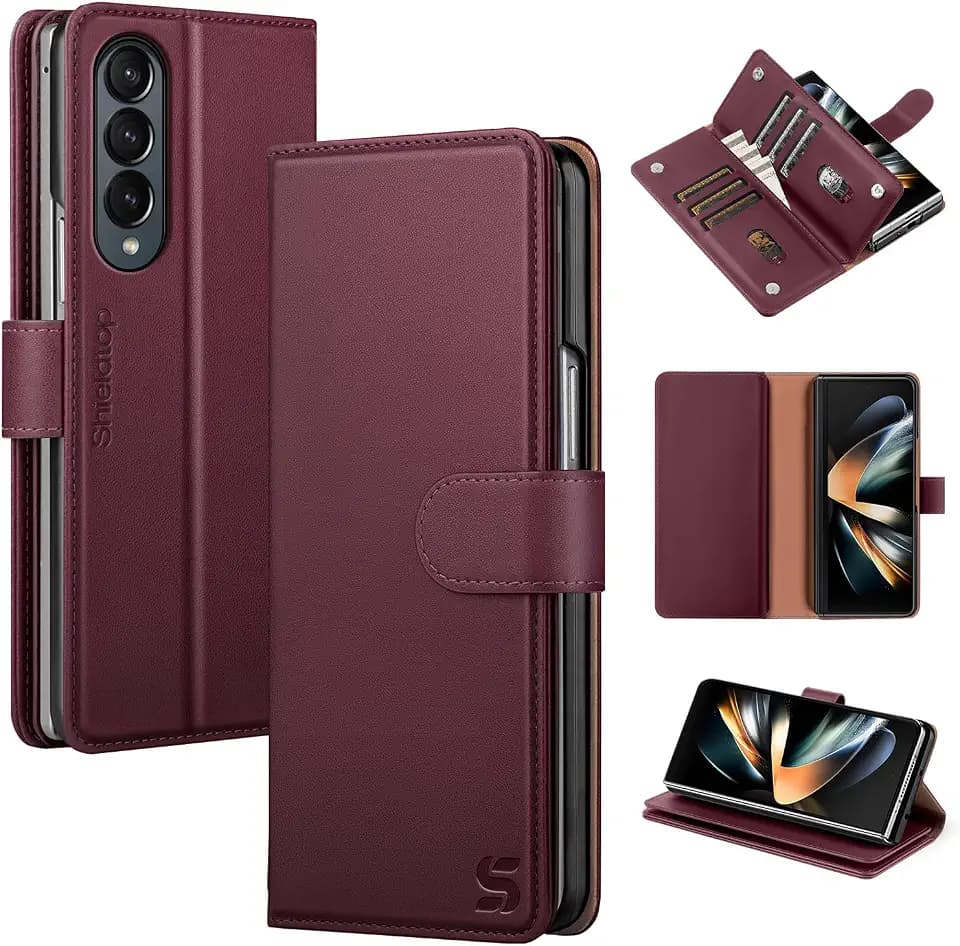 Shieldtop for Samsung Galaxy Z Fold 4 Wallet Case with Card Holder,Wine Red