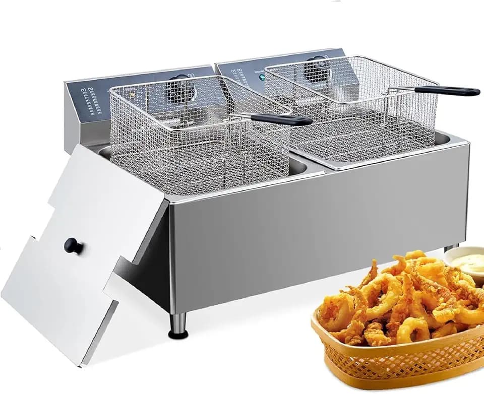 Dual 11 L/3.3 gal Commercial Deep Fryer 3400W,120V |Twin Adjustable 6 L Baskets with 201 Stainless Steel, Oil Filtration & Splash Guard for High-Volume Restaurant, Food Truck, Catering Service