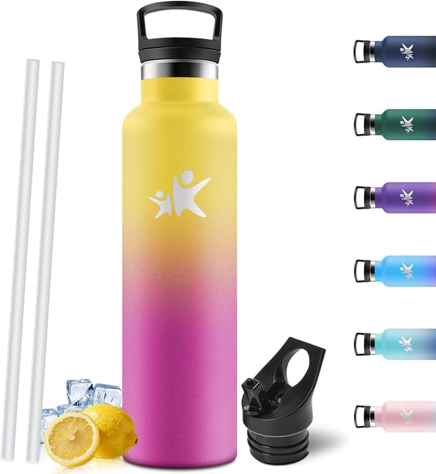 Motswedi Trinkflasche Edelstahl 1l, Doppelwandige Insulated, Thermosflasche, Auslaufsicher, Trinkflasche mit Strohhalm, Isolierflasche, Wasserflasche, für Gym, Fahrrad, Wandern, Gelb & Rose