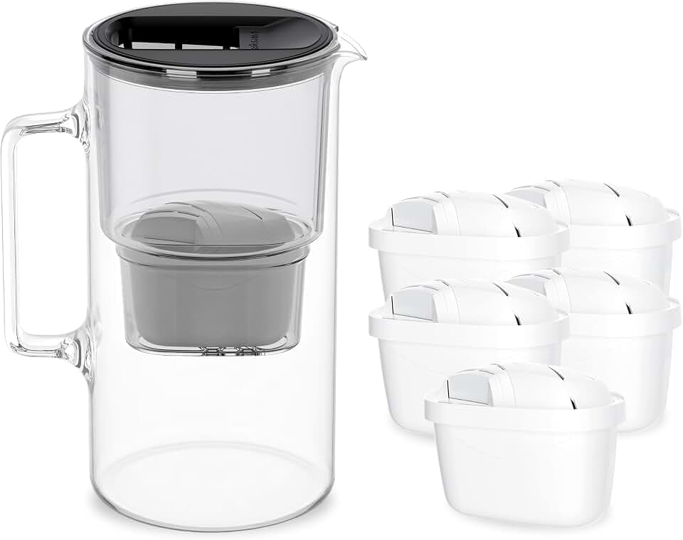 Wessper Wasserfilter Kanne Glass 3 liter, Set Karaffe mit 5 filter -Schwarz