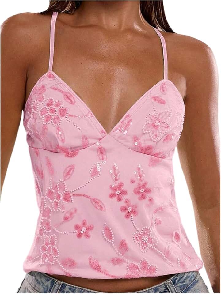 SOLY HUX Women's Y2K Sequin Cami Top Criss Cross Backless Going Out Tops