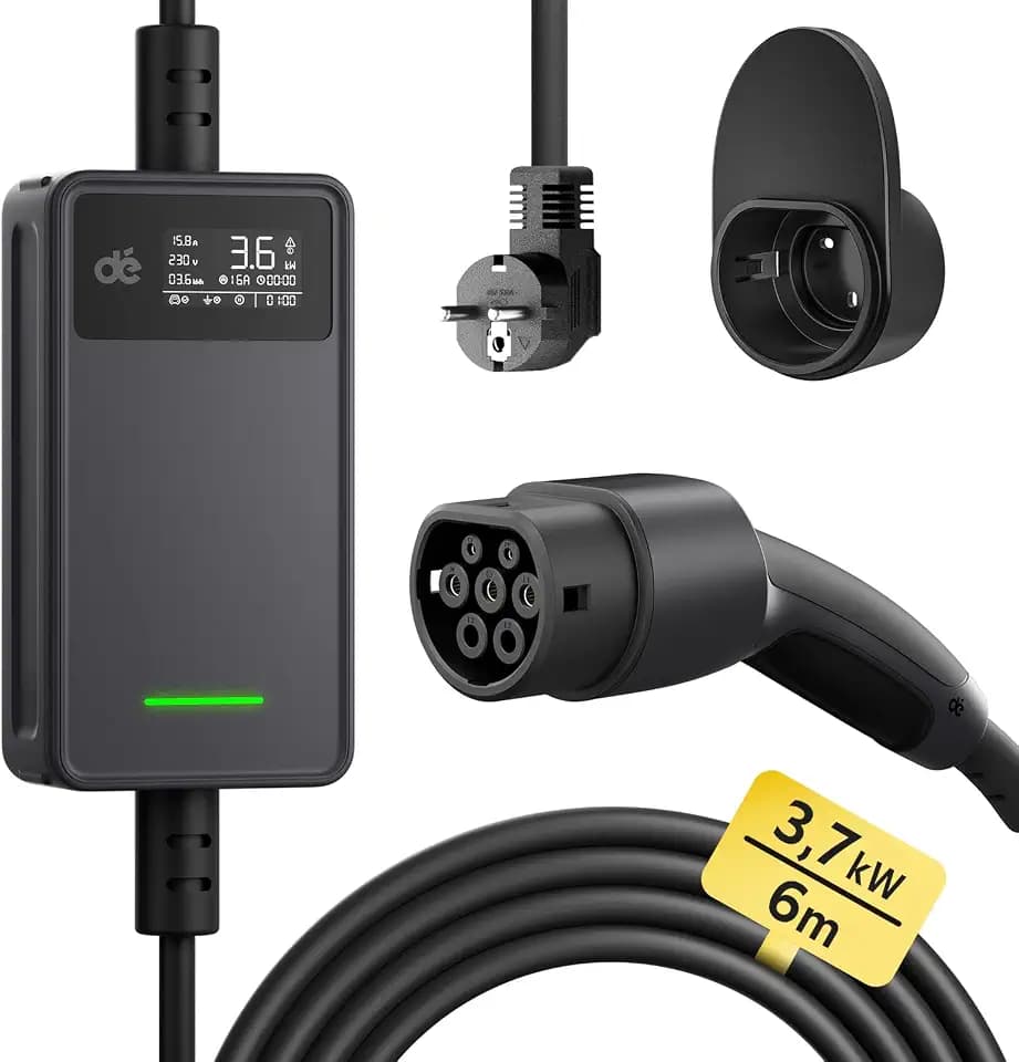 dé Ladekabel Elektroauto Typ 2 Schuko - 3,68kW [1-phasig, 6m, 6-16A] Typ 2 Auf Schuko Mit Steuerbarer Digitalanzeige - EV Charger für Model 3/Y, ID.3, ID.4, MG4, Q4, Gla und Anderen PHEV/EV