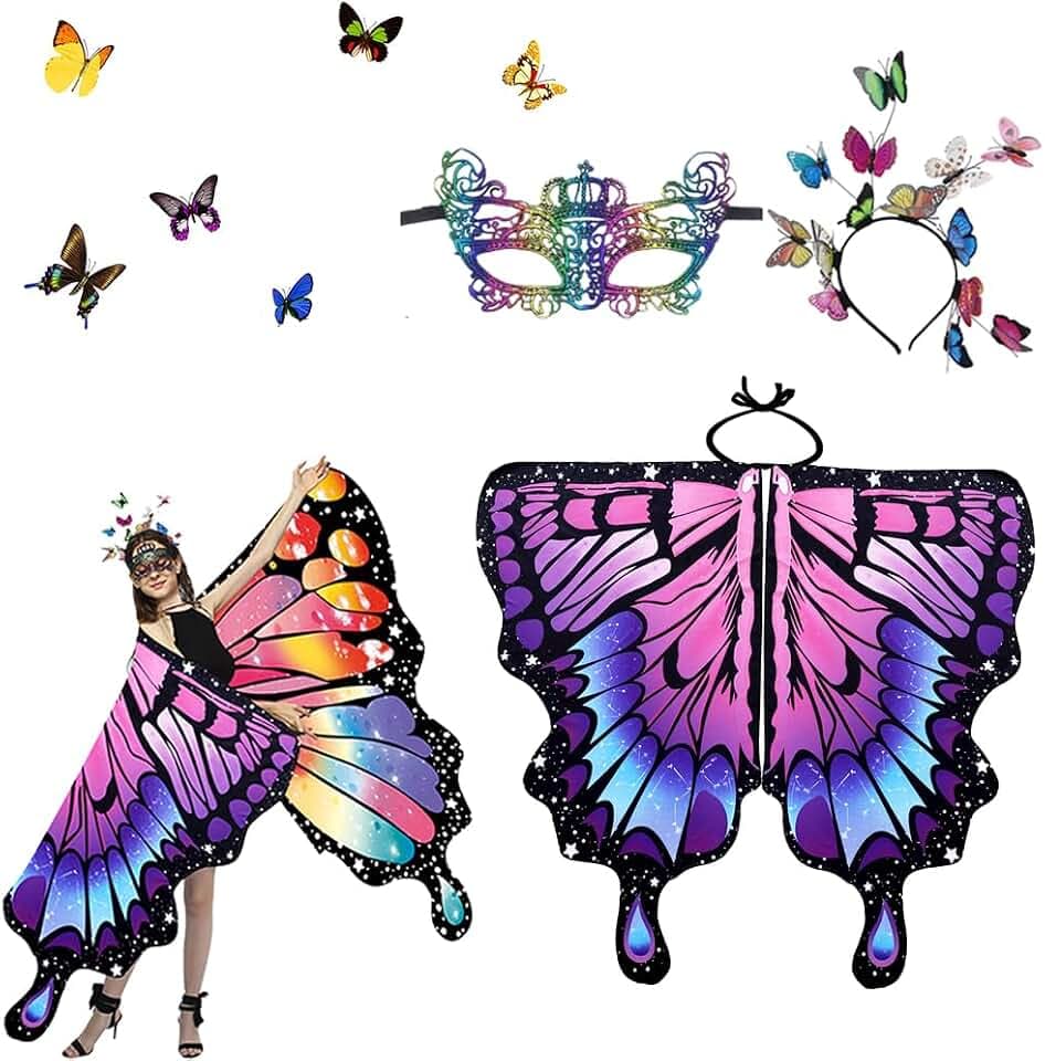 PASLFC Schmetterling Kostüm Damen Doppelseitig,Halloween Karneval Kostüm Damen Schmetterling,3 Stück Set Schmetterling Umhang Damen,Schmetterling Flügel Umhang,Schmetterlingsflügel Erwachsene