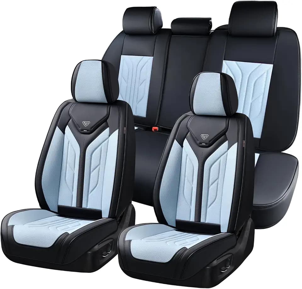Coverado Car Seat Covers Full Set, Automotive Seat Covers Car Seat Protector Car Seat Cushion, Waterproof Leather Seat Covers for Cars, Universal Fit for Most Sedan SUV Pick-up Truck(Black&Light Blue)