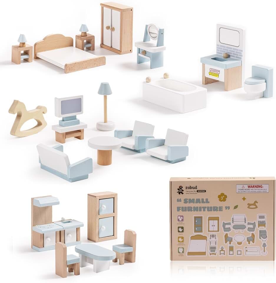 ROBUD Puppenhaus Möbel Holz Set, 23 Teilige, Puppen Zubehör Spielzeug für Mädchen und Jungen