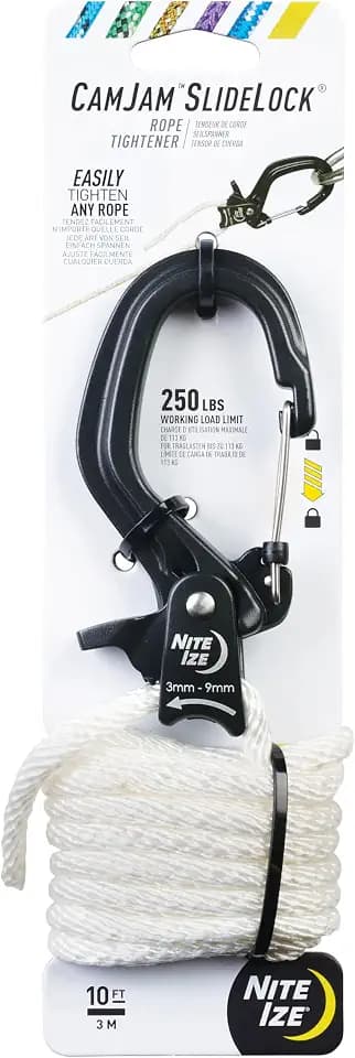 Nite IZE CamJam SlideLock Seilspanner & 3 m Nylonseil – mit Zugverschluss und Schnellspannhebel – 45,4 kg Belastungsgrenze – passend für Seilgrößen 3–6 mm – Groß, Weiss