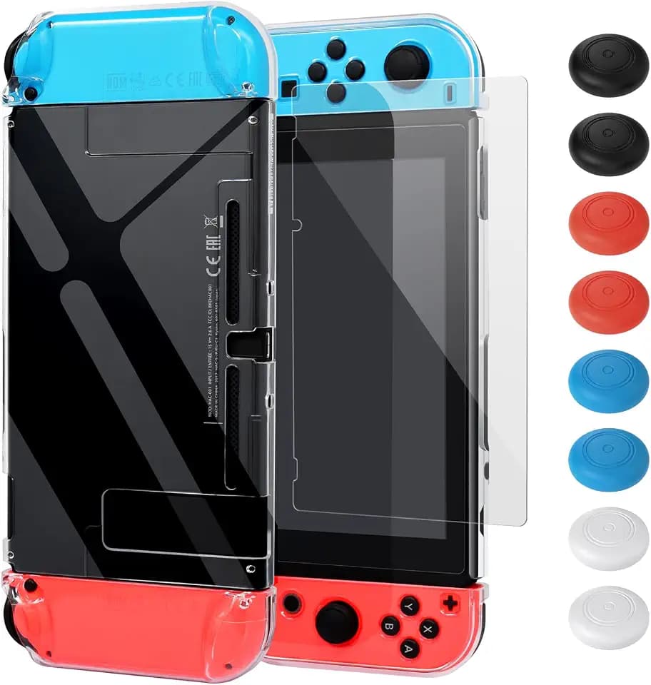 FYOUNG Schutzhülle mit Schutzfolie Kompatibel mit Nintendo Switch 2017, Stoßdämpfung und Anti-Scratch Transparent Switch Hülle Zubehör mit Displayschutzfolie und Griffkappen