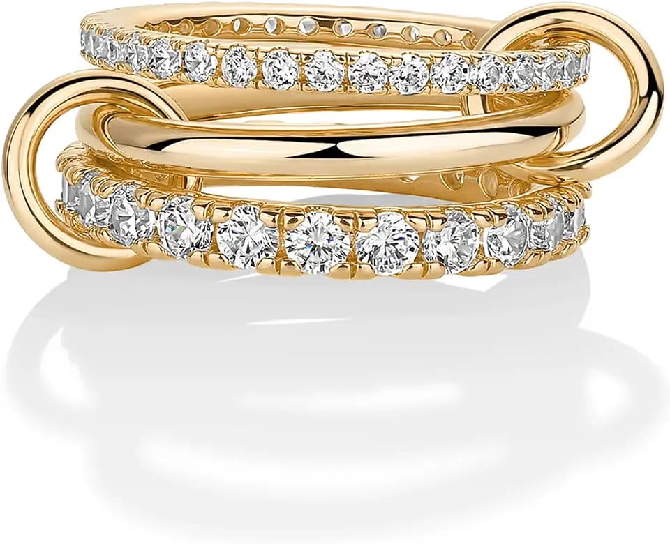 PAVOI 14K Gold Plated Interlocking Ring for Women - Chunky Connected Bands Interlock Stackable Rings for Women - Trendy Cubic Zirconia Two Tone Interlocked Multi-Band Statement Jewelry